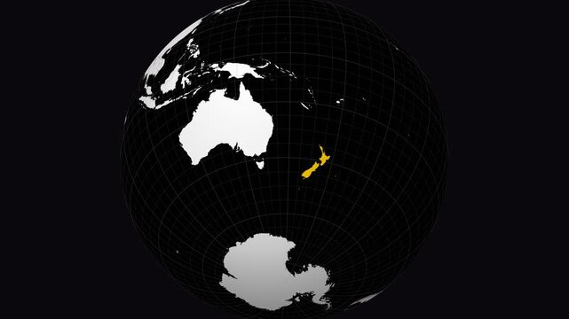 New Zealand map. Animated zoom into the country on the Globe in Black White color palette. Country logo animation. Map with meridians, parallels. Awesome video.
