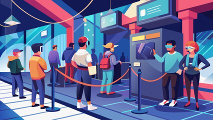 A group of people are waiting in line at a ticket booth. Scene is busy and bustling