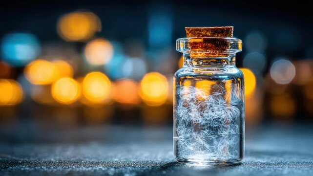 A clear glass bottle with cork stopper contains fibrous substance, set against blurred bokeh