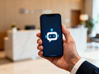 Businessman holding mobile phone with artificial intelligence bot icon over blurred reception desk.