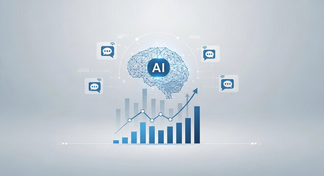 AI Chatbot Interface with Ascending Bar Graph Symbolizing Business Growth, Artificial Intelligence and Data Analytics Visualization, Digital Communication - Powered by Adobe