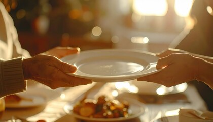 Sharing dinner — hands passing a plate at home table, hospitality and togetherness