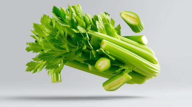 Floating celery stalks with leaves on a gray background.