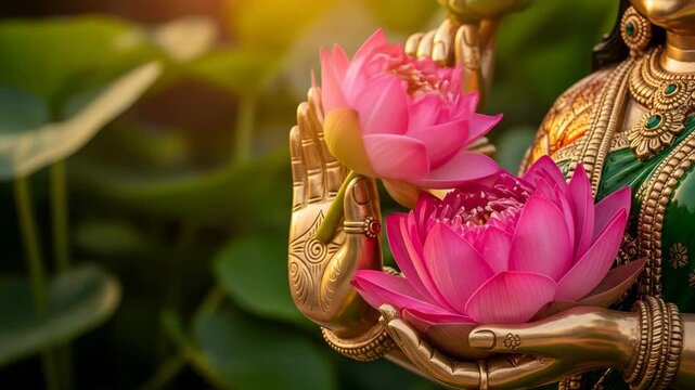 Golden Goddess Lakshmi Statue Holding Lotus Flowers Symbolizing Wealth and Prosperity during Diwali Festival Celebrations