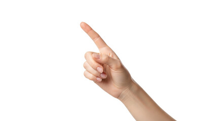 Fototapeta premium Young woman's delicate fair hand with clean nails, index finger precisely pointing up-left on transparent studio background with copy space, bright lighting, concept of digital interaction