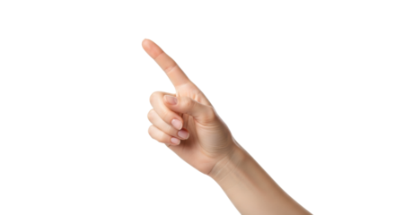Young woman's delicate fair hand with clean nails, index finger precisely pointing up-left on transparent studio background with copy space, bright lighting, concept of digital interaction