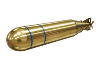 Golden torpedo isolated on transparent background, underwater weapon for naval warfare and military applications
