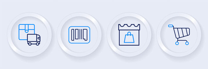 Set line Shopping cart, day, Barcode and Delivery cargo truck icon. Vector