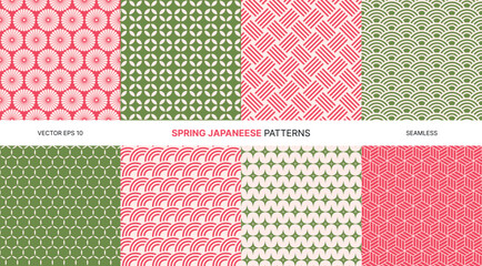Seamless vector patterns with Japanese spring floral and geometric designs, chrysanthemum flowers, waves, lattice, red green white colors, traditional oriental textile and wrapping backgrounds © ☆ simple vectors ☆