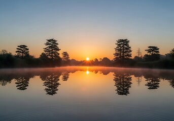 Obraz premium Sunrise serenity, misty waters mirroring tranquil tree reflections