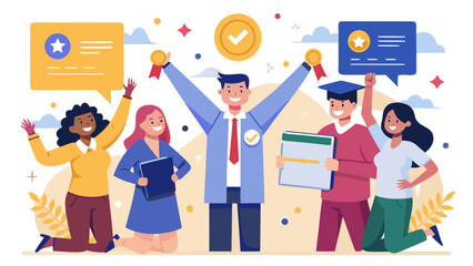 A group of people are celebrating a graduation. A man is holding a trophy and a woman is holding a diploma