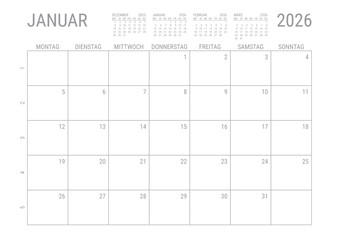 Januar 2026 Monat Kalender Monatskalender Kalenderblatt Kalendarium mit Kalenderwoche Planer DIN A4 Deutsch	
