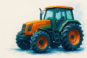 Fototapeta premium Artistic rendering of a modern agricultural tractor in bold orange and green tones. The machine stands on rugged tires with strong shadowing, symbolizing power, reliability, and the essence of rural i