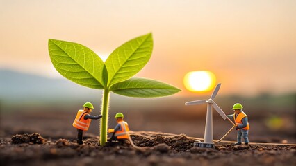 Mini workers growing green plant and building wind turbine at sunrise
