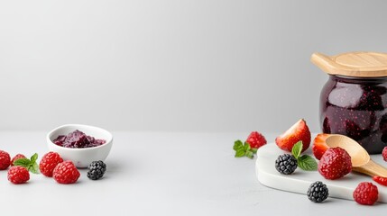 Homemade Mixed Berry Jam in Glass Jar with Fresh Strawberries, Raspberries, and Blackberries on White Marble Board, Copy Space