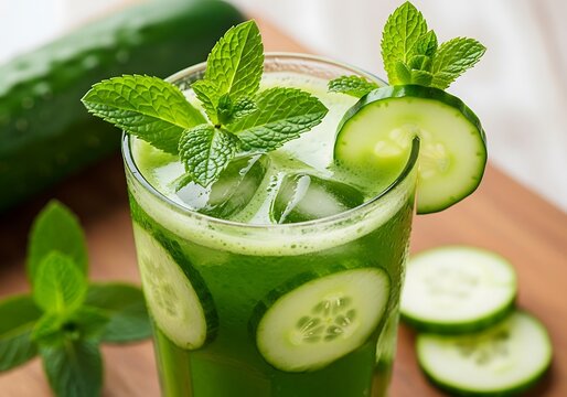 Refreshing cucumber elixir served with ice, garnished with aromatic mint