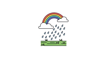 colorful rainbow cloud raining on green grass illustration