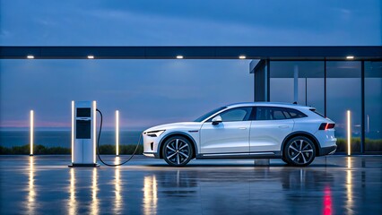 Modern electric car charging at futuristic station at night
