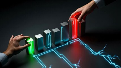 Business man hand initiating a domino effect with light trails on a bar chart graph, showing growth and impact on finances, footage. - Powered by Adobe