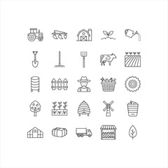 Explore sustainable agriculture and farming icons for eco-friendly designs, showing rural life, farm equipment, and harvest elements in a modern line art style