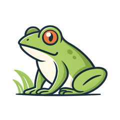 Adorable cartoon frog sitting near grass, perfect for children's books and designs isolated on transparent background