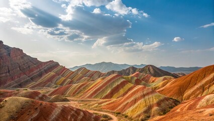 Wide Landscape of Zhangye Danxia Rainbow Mountains in Gansu China under Clear Blue Sky for Nature Concept