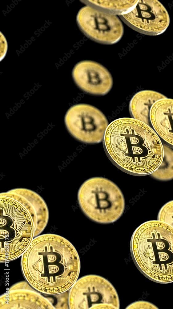 Wall mural dozens of small bitcoin coins falling with shallow depth of field on black background. animated cryp