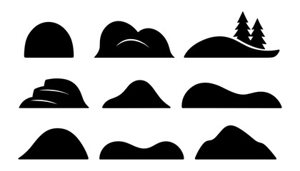 Minimalist black and white mountain and hill silhouettes with tree elements