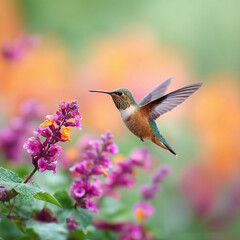 Fototapeta premium A vibrant hummingbird hovers near colorful flowers. A beautiful illustration of natures speed and delicate beauty. Ideal for ecological themes, spring promotions, inspirational content.