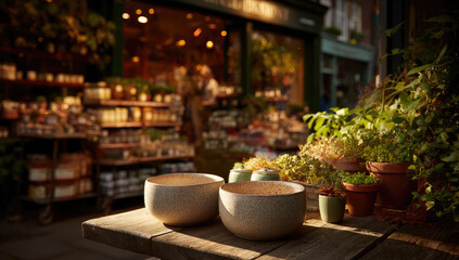 Fototapeta premium Outdoor pots on shop display, sunlight. Soft, golden