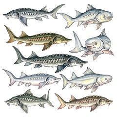 Sturgeon Fish Illustration - Diverse Species and Aquatic Life Depiction.
