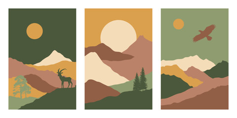 Hiking posters, travel adventure postcard with mountains, sun and moon. Travel concept of discovering, exploring, observing nature. Adventure. Minimalist graphic. Mountain goat, hawk, tree forest