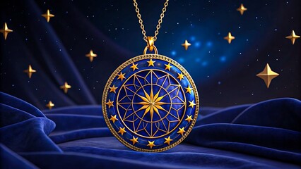 Metal astrolabe with stars and planets on blue background

