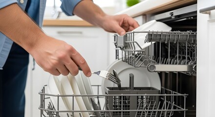 man loading dishwasher with dirty plates and cutlery
