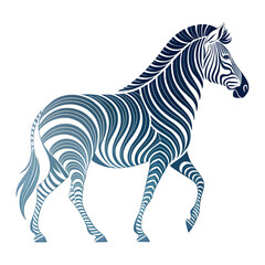 Striking zebra with modern blue gradient stripes walking elegantly across the plains isolated on transparent background