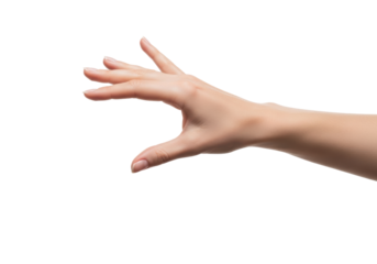 A fair-skinned female hand, delicate and poised in a natural holding gesture, isolated on a seamless transparent studio background with abundant copy space, ready for presentation. Concept of precise