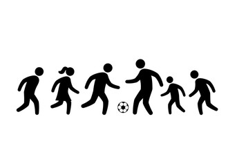 Diverse group of stick figures playing soccer with a ball.