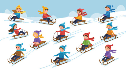 Children sledding down a snowy hill in winter