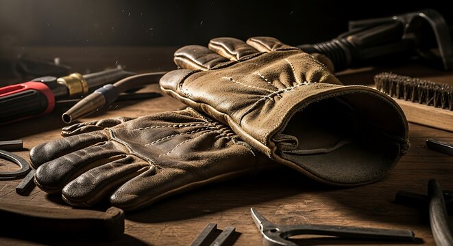 Leather gloves amidst welding tools evoking skilled craftsmanship scene