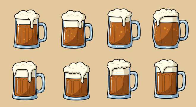 Eight cartoon beer steins filled with brown ale and white foam head