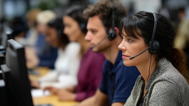 Dedicated customer service professionals engaged in a busy call center environment, highlighting teamwork and communication in addressing client needs effectively. - Powered by Adobe
