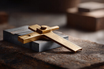 Golden measuring tool on wood. Symbolizes precision, craftsmanship, accuracy. Ideal for engineering, carpentry, construction or design related projects.