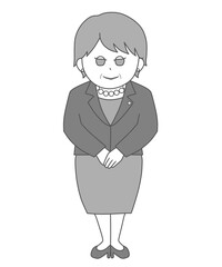 女性政治家　にっこり　全身モノクロイラスト