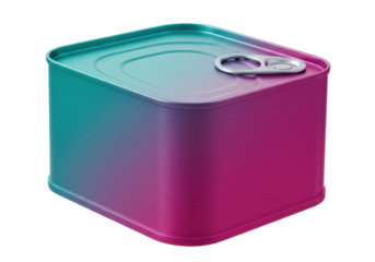 Square tin can with pull ring isolated on transparent background, gradient metal container for food storage and product packaging PNG