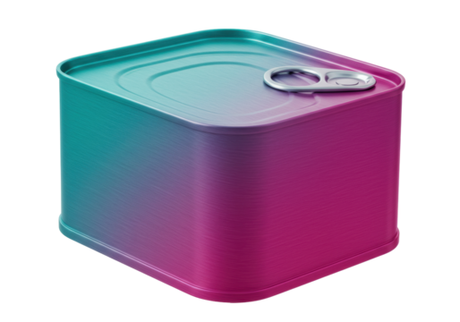 Square tin can with pull ring isolated on transparent background, gradient metal container for food storage and product packaging PNG