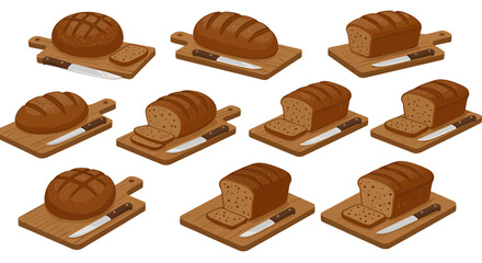 Repeating pattern of brown loaves of bread on wooden cutting boards with knives