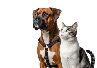 Obraz premium Muscular brown Boxer mix with white markings and sleek white tabby cat with green eyes stand closely, looking upwards left on transparent studio background, concept of pet companionship