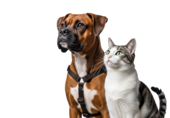 Muscular brown Boxer mix with white markings and sleek white tabby cat with green eyes stand closely, looking upwards left on transparent studio background, concept of pet companionship