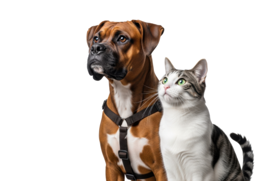 Muscular brown Boxer mix with white markings and sleek white tabby cat with green eyes stand closely, looking upwards left on transparent studio background, concept of pet companionship