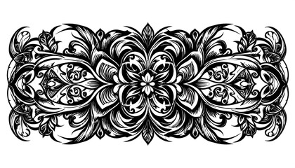 Symmetrical black and white floral ornate design with intricate details